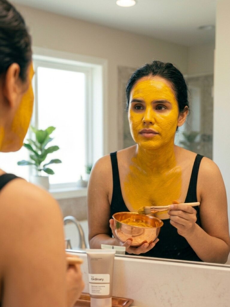Woman applying a golden turmeric (haldi) face pack in the mirror