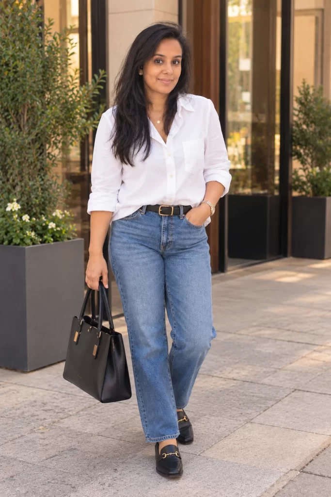 Woman wearing a white button-down shirt, blue straight-leg jeans, black loafers and a black tote.