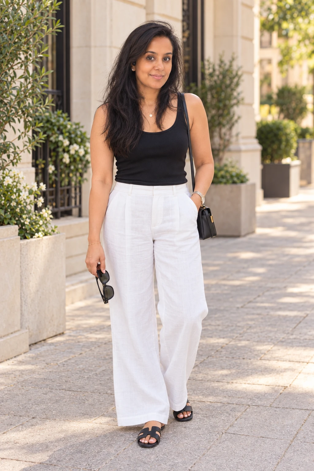 Woman wearing a black tank, white linen trousers and black leather slides.