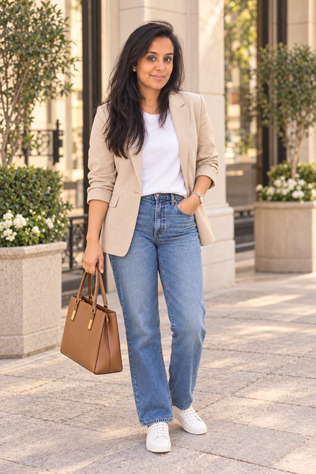 Woman wearing a beige blazer, white tee, vintage denim and white sneakers.