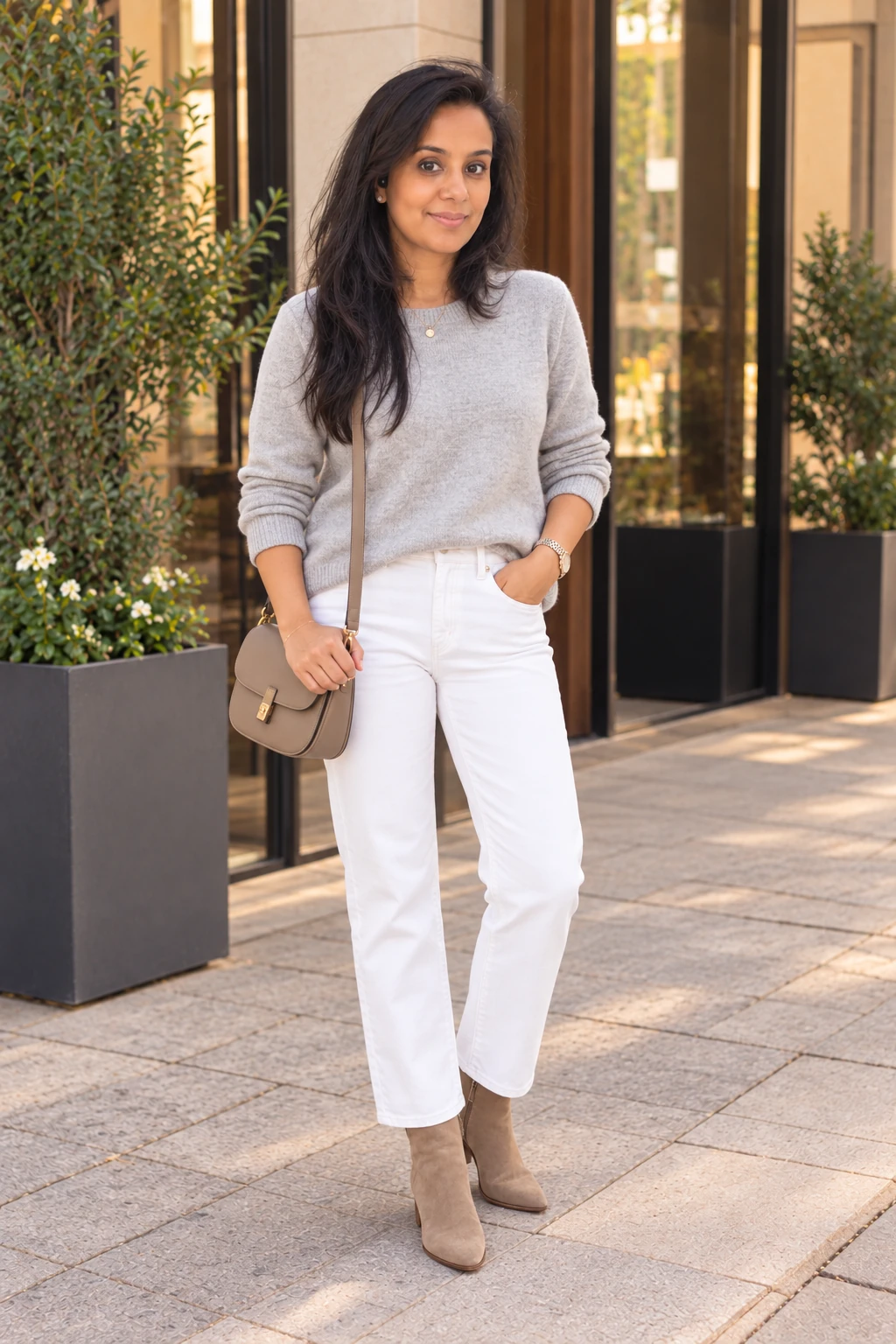 Woman wearing a gray sweater, white jeans and taupe suede ankle boots.