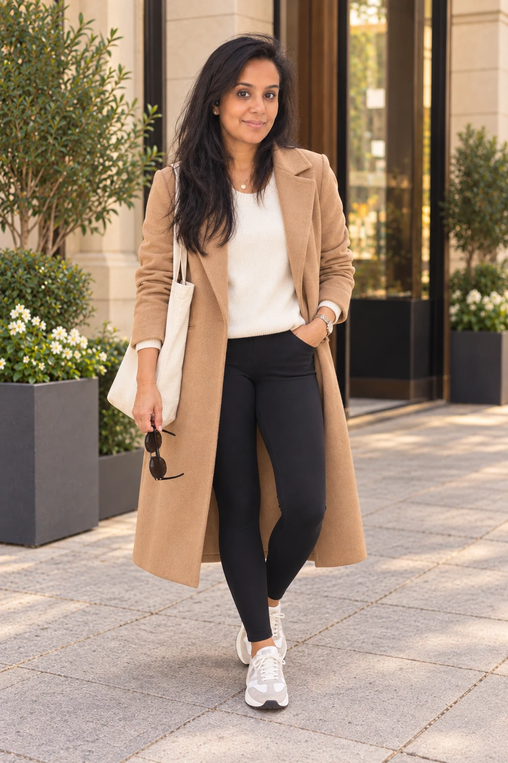 Woman wearing a camel coat, cream knit top, black leggings and gray-and-white sneakers.
