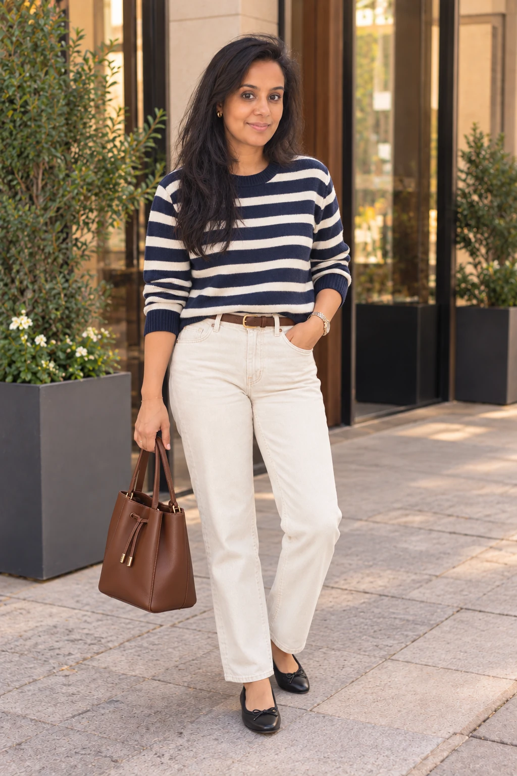 Woman wearing a navy-and-cream striped sweater, ecru jeans and black ballet flats.