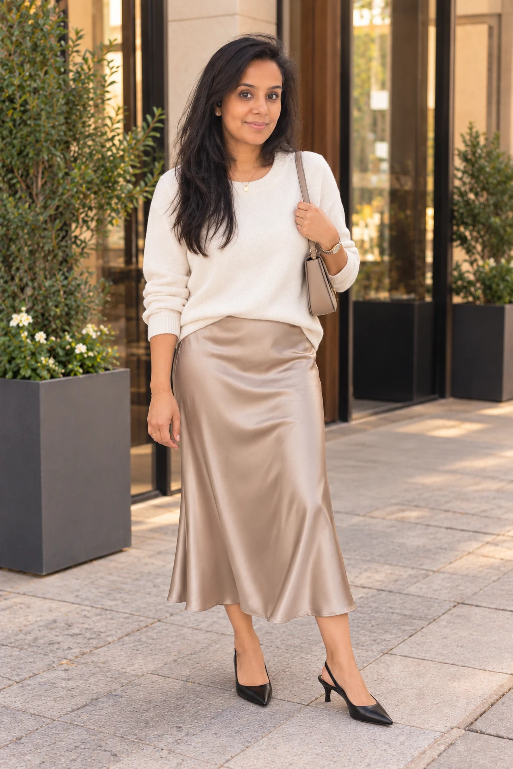 Woman wearing a cream knit sweater, champagne satin midi skirt and black kitten-heel slingbacks.