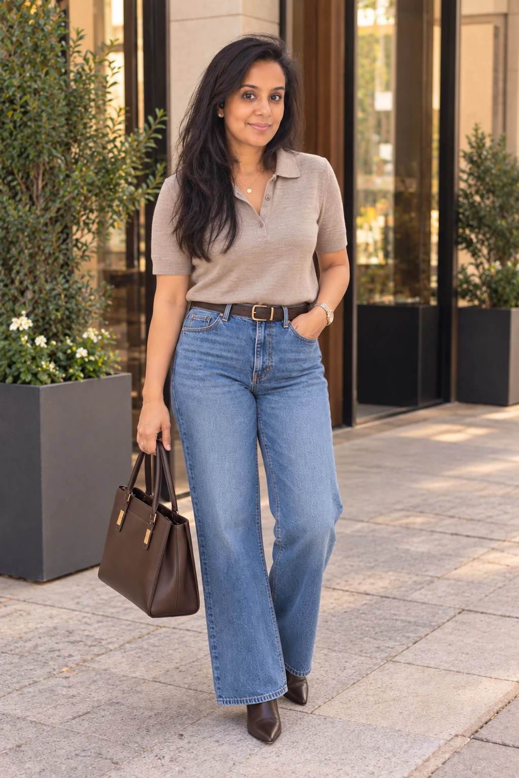 Woman wearing a taupe knit polo, wide-leg jeans and brown pointed-toe ankle boots.