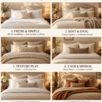 Six bed styling ideas in warm cream, oatmeal and caramel tones, showing pillow layers, textured throws and folded coverlets.