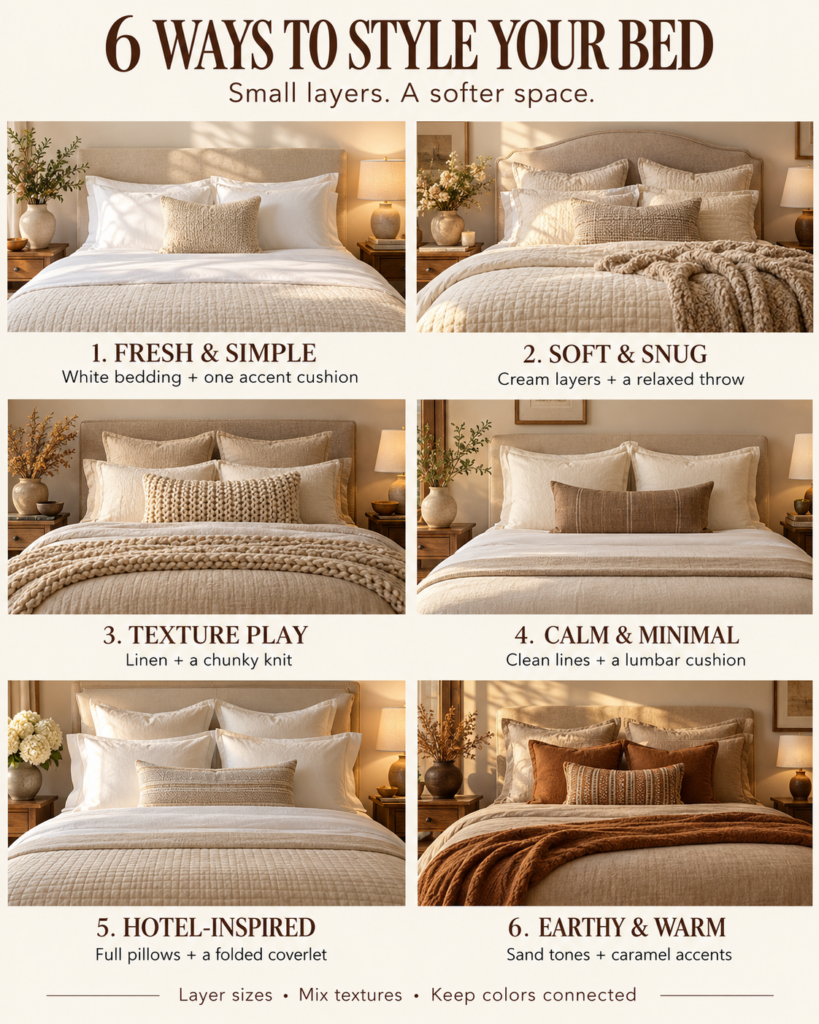 Six bed styling ideas in warm cream, oatmeal and caramel tones, showing pillow layers, textured throws and folded coverlets.