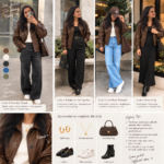 Styling inspiration collage of four brown leather jacket outfits: cream knitwear and dark jeans, tailored black trousers, blue jeans with a baseball cap, and a black dress with boots. The women in the second and fourth looks turn their heads to the side. Coordinating accessories appear below.
