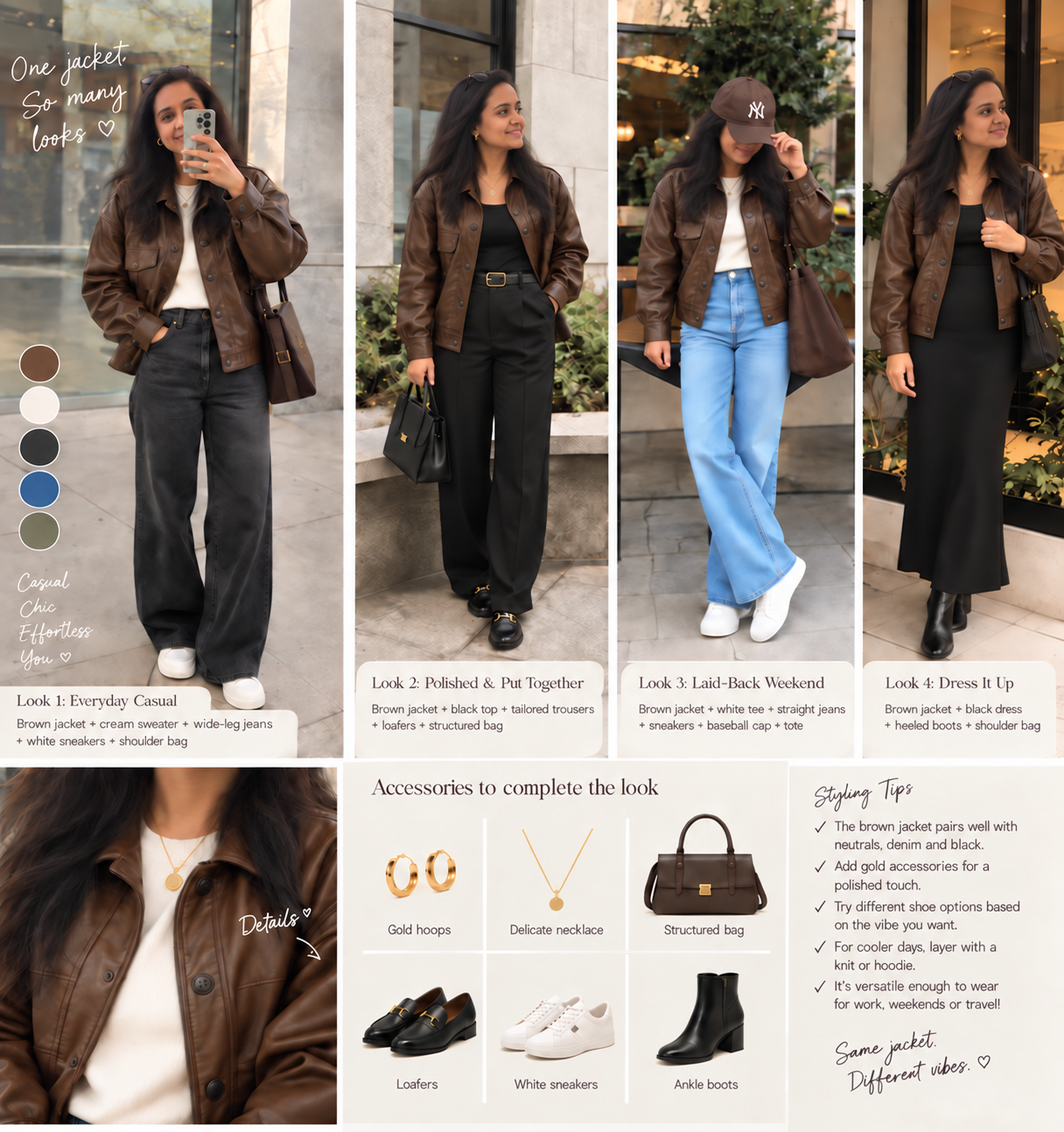 Styling inspiration collage of four brown leather jacket outfits: cream knitwear and dark jeans, tailored black trousers, blue jeans with a baseball cap, and a black dress with boots. The women in the second and fourth looks turn their heads to the side. Coordinating accessories appear below.