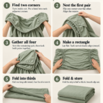 Six illustrated steps showing how to fold a fitted sheet, from nesting the corners to folding a neat rectangle.