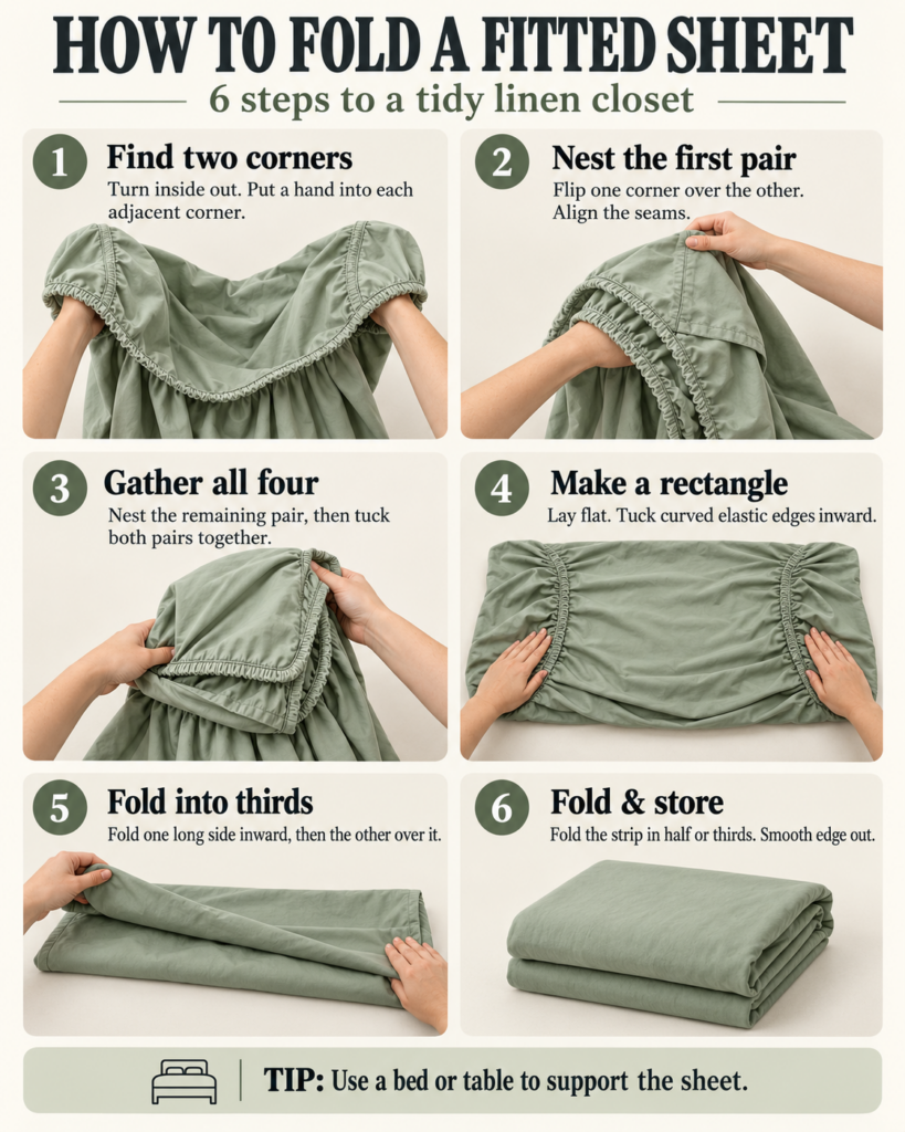 Six illustrated steps showing how to fold a fitted sheet, from nesting the corners to folding a neat rectangle.