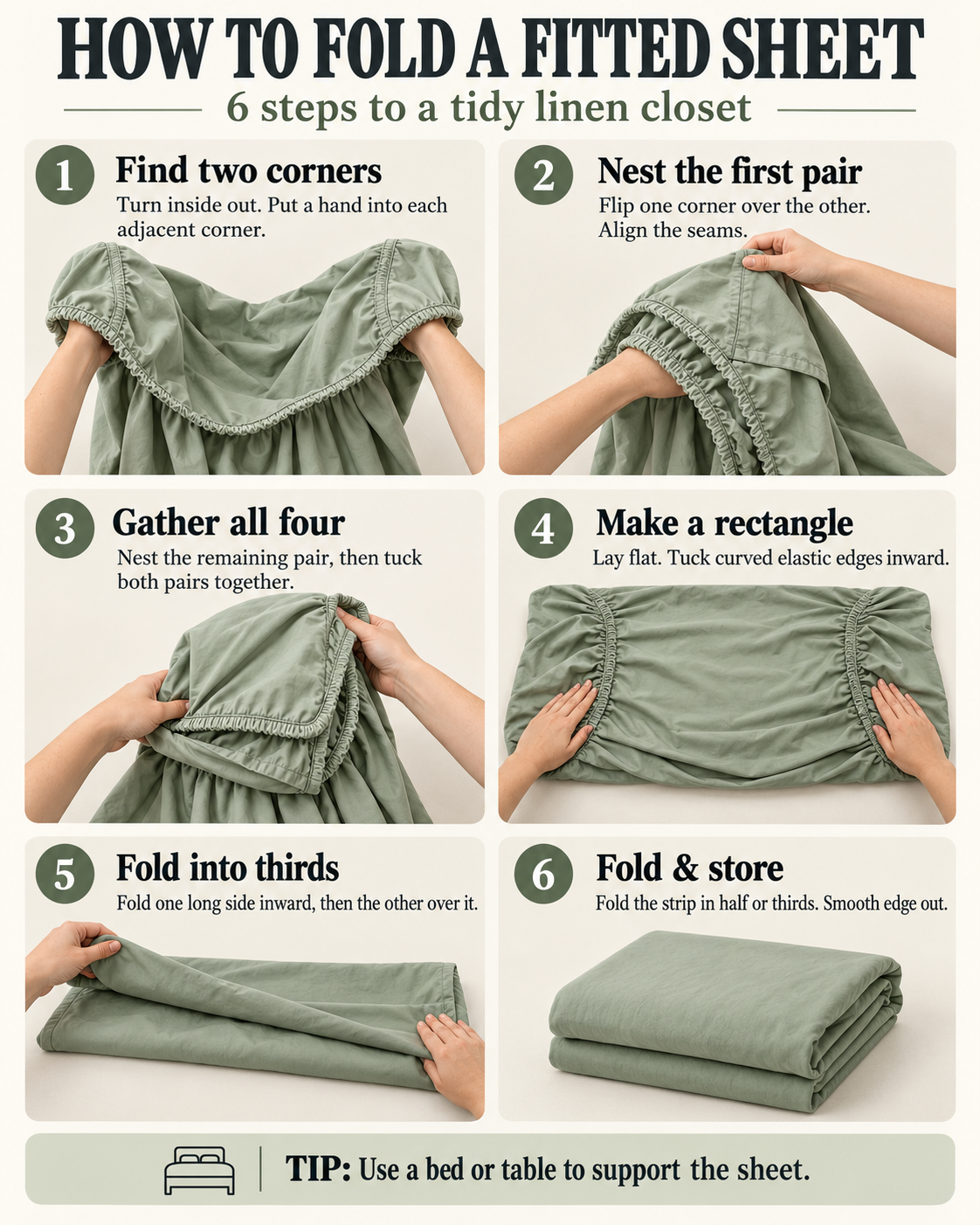 Six illustrated steps showing how to fold a fitted sheet, from nesting the corners to folding a neat rectangle.